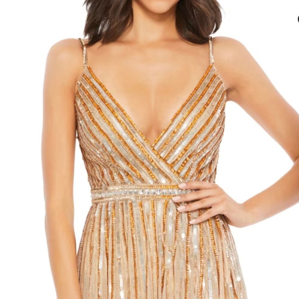 Mac Duggal Wrap Front Beaded Maxi Dress Full Length Gown Gold Sequins Women's 2 - Picture 7 of 16